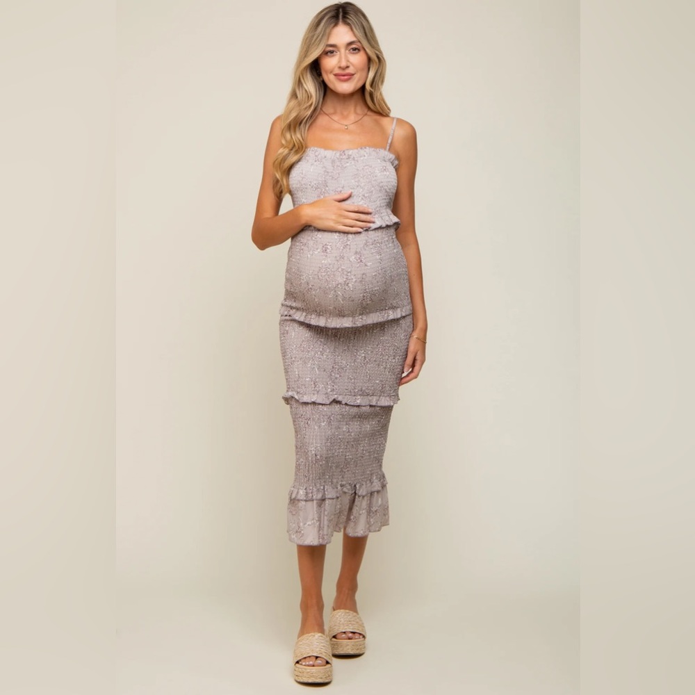 Pink Blush Grey Floral Smocked Fitted Maternity Midi Dress